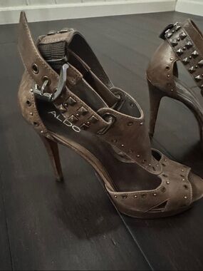 ALDO Brown Studded Peep-Toe Ankle Strap Heels
